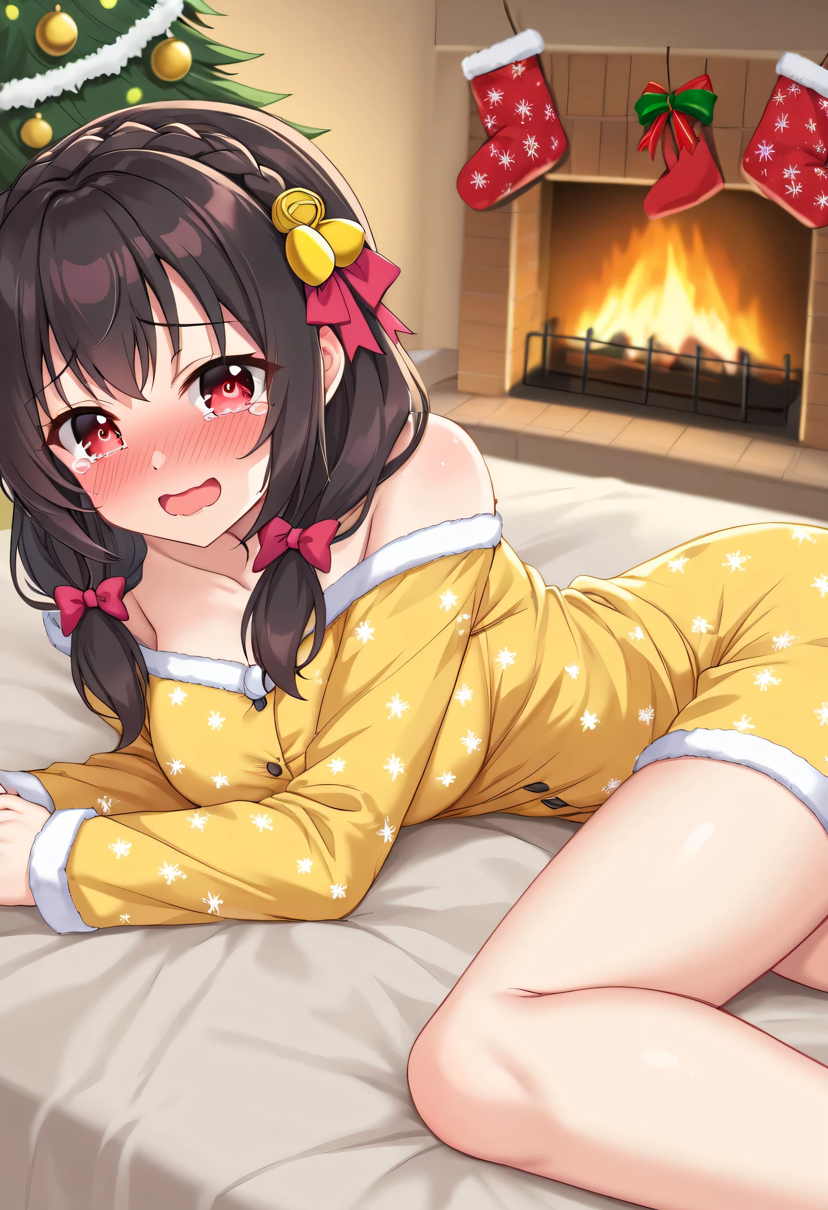 yunyun、masterpiece, top quality,  high definition ,(One person), Yunyun、  Crown Braid the same color as her hair,  black hair、 red eyes、 Hair Accessory , ( yellow pajamas with my shoulders out )、 big-breasted 、(blush)、( Christmas tree:1.2)、( embarrassed smile )、View the viewer、fireplace、( Open Your Eyes )、Minami Mouth 、 I open my mouth wide、Teary-eyed、Lying on my back on the bed 