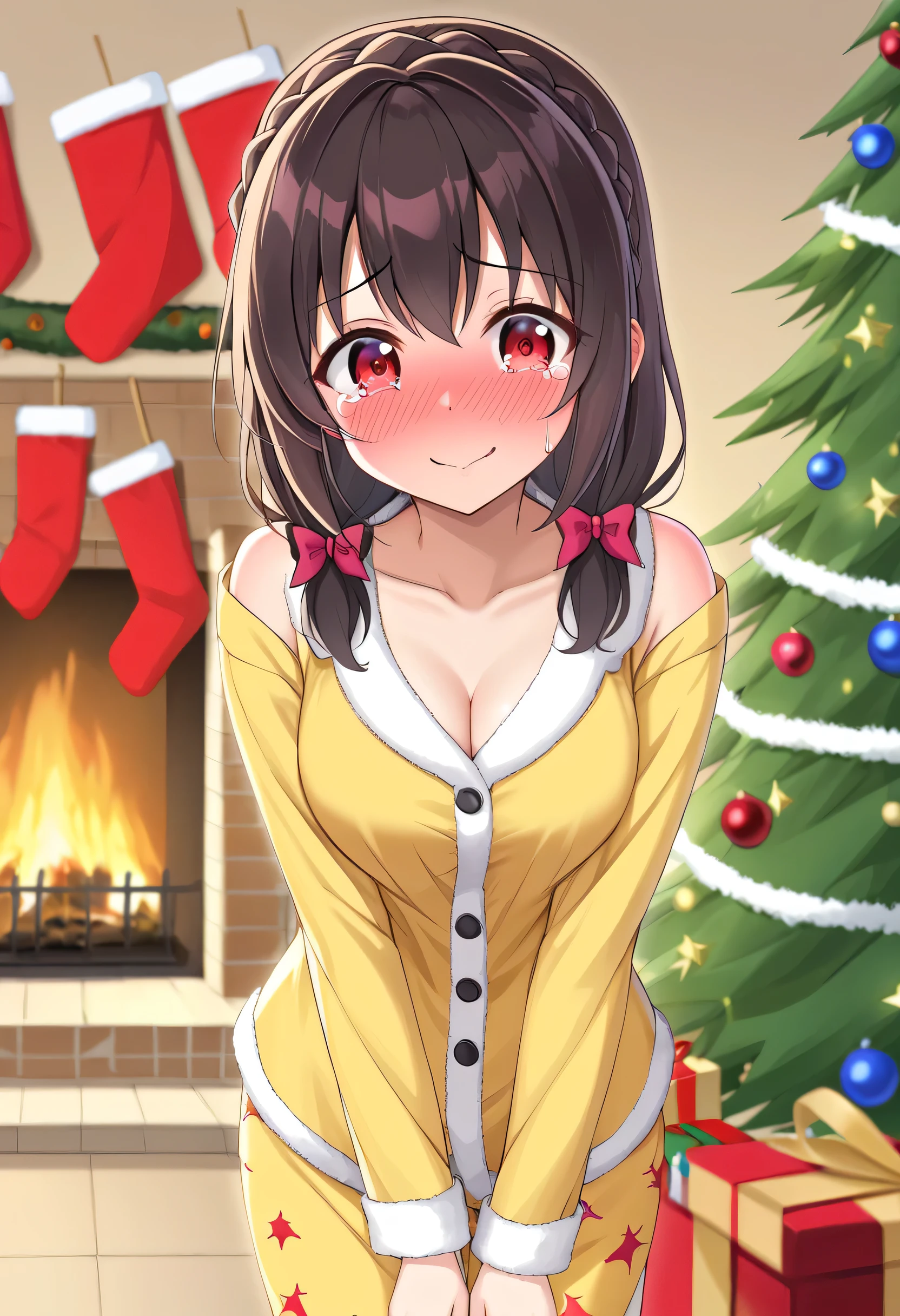 yunyun、masterpiece, top quality,  high definition ,(One person), Yunyun、  Crown Braid the same color as her hair,  black hair、 red eyes、 Hair Accessory , ( yellow pajamas with my shoulders out )、Pajamas with black shorts 、 big-breasted 、(blush)、( Christmas tree:1.2)、( embarrassed smile )、View the viewer、fireplace、( Open Your Eyes )、Minami Mouth 、Teary-eyed、 and their mouths are wide open、Happy pose