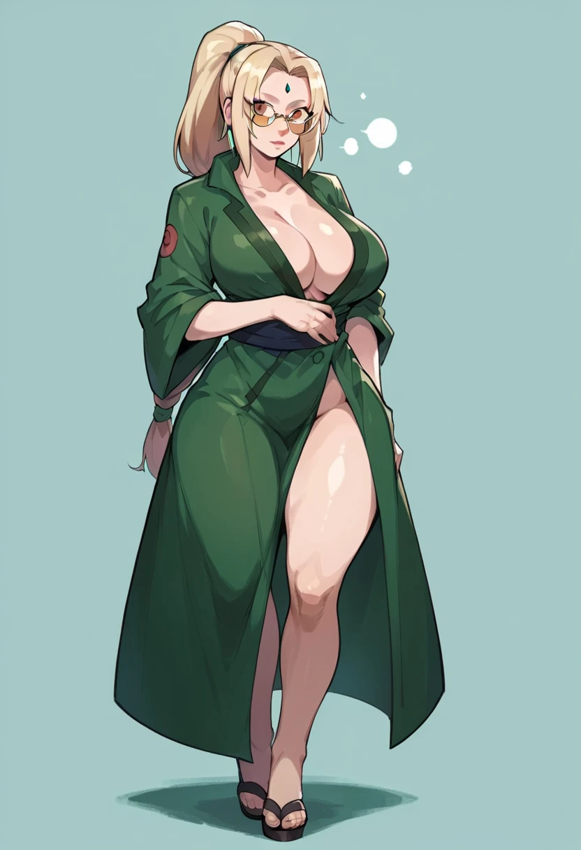 Sexy voluminous body, big breasts, round glasses, hair tied in a ponytail, "Naruto, Tsunade" thick thighs, Long coat covering,, Full body "hand on waist pose"