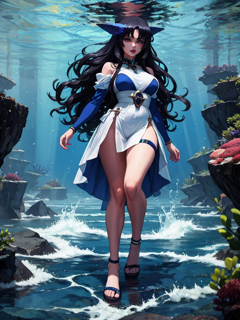 (best quality), (32k uhd), (insane details), (ultra detailed), (Masterpiece), deep ocean, under sea, full body, Woman facing front with tight clothes dark blue wavy hair, blue lips, anime.