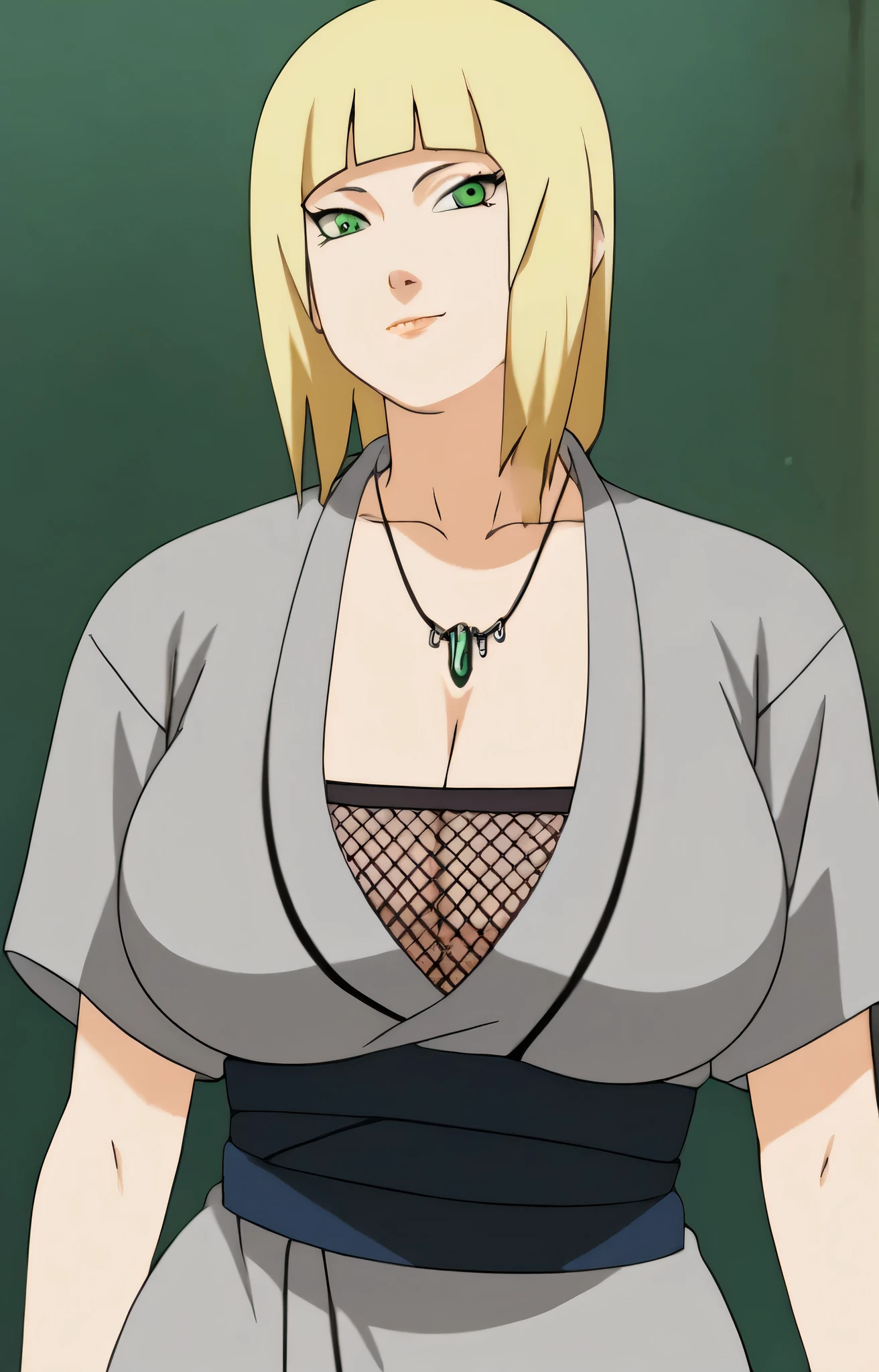 Tsunade Senju, big breasts, big, sagging breasts ,hitozuma,neckline, Symbol of the Uzumaki clan in the outfit , Wrinkle in the mouth , Halliah  , manga outfit ,old, wrinkle the face , Grandmother who still has a sexy body ,GIF,Standing, portrait, Tsunade de Uzumaki ,manga, wide hips ,1 girl,Alone, Tsunade necklace ,Shirt with neckline And uzumaki clan symbol, extending a long wavy hair stroke, Green pearl earring , Hair behind the ear , Colorless lips ,by the ruby,(( Hime cut bangs )),happy,net bra , Face looking forward 