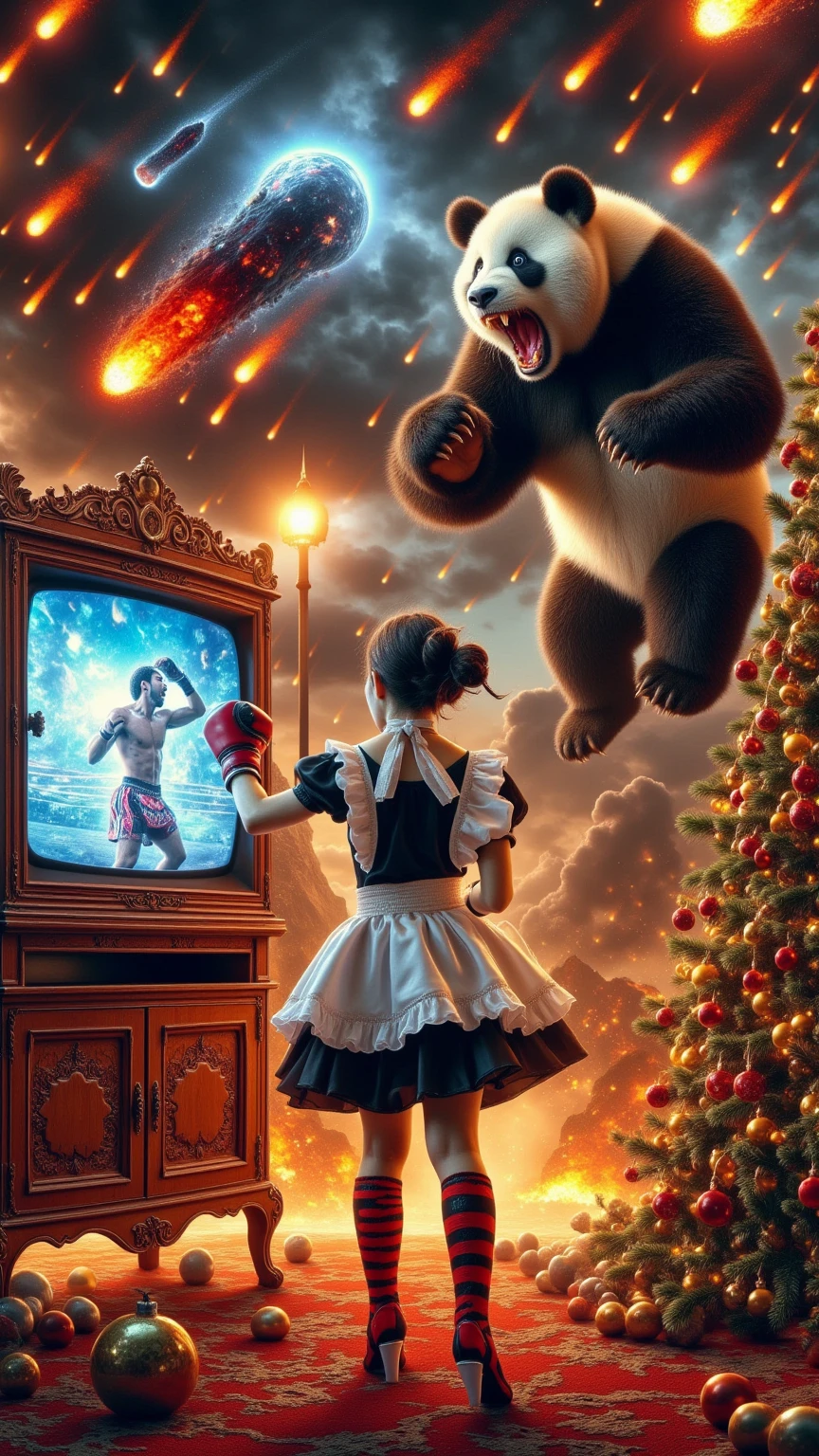 ultra-realistic, photorealistic, dramatic scene, shadow, global-illumination, solo, (a beautiful Japanese maid girl is decorating a Christmas tree in a antique room of the old European castle), cute colored maid costume, gorgeously antique furnishings, gorgeously decorated with Christmas decoration in the room, the large vintage TV displays\(Muay Thai fighter vs. terrifying man-eating panda, there are the shouting Muay Thai fighter and terrifying panda with fang, volcano, thunder, giant meteorite, galaxy, blackhole, missile, explosion, Muay Thai fighter shows extremely painful expressions\), bright ceiling lighting in the room, peaceful sunny day, she is looking back and showing a gentle smile, dynamic angle, flying terrifying panda