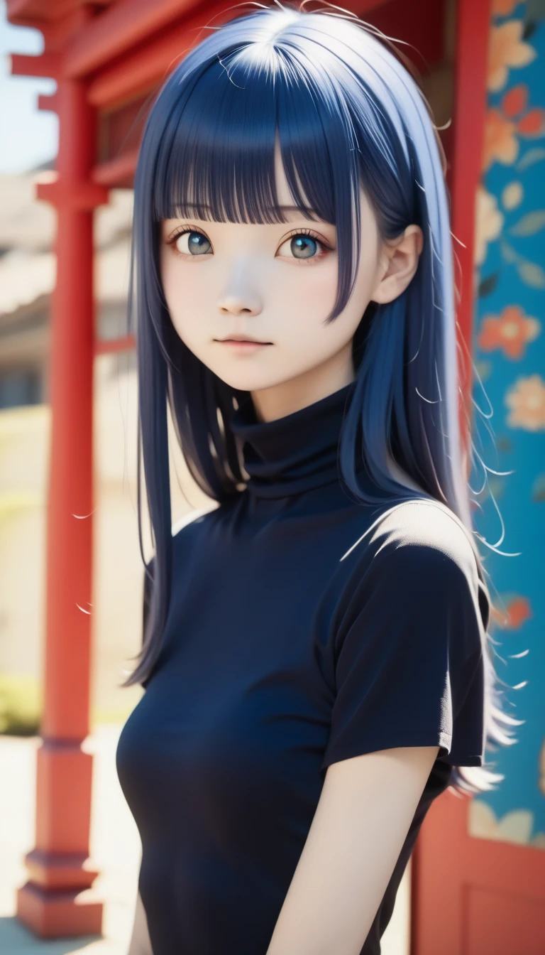  top quality、 Masterpiece、 Perfect Anatomy、 black dress、 turtleneck 、 (((15-year-old girl, slim,  short long hair 、bangs)))、 smaller breasts、indigo background 、 smudging indigo 、 blurry background