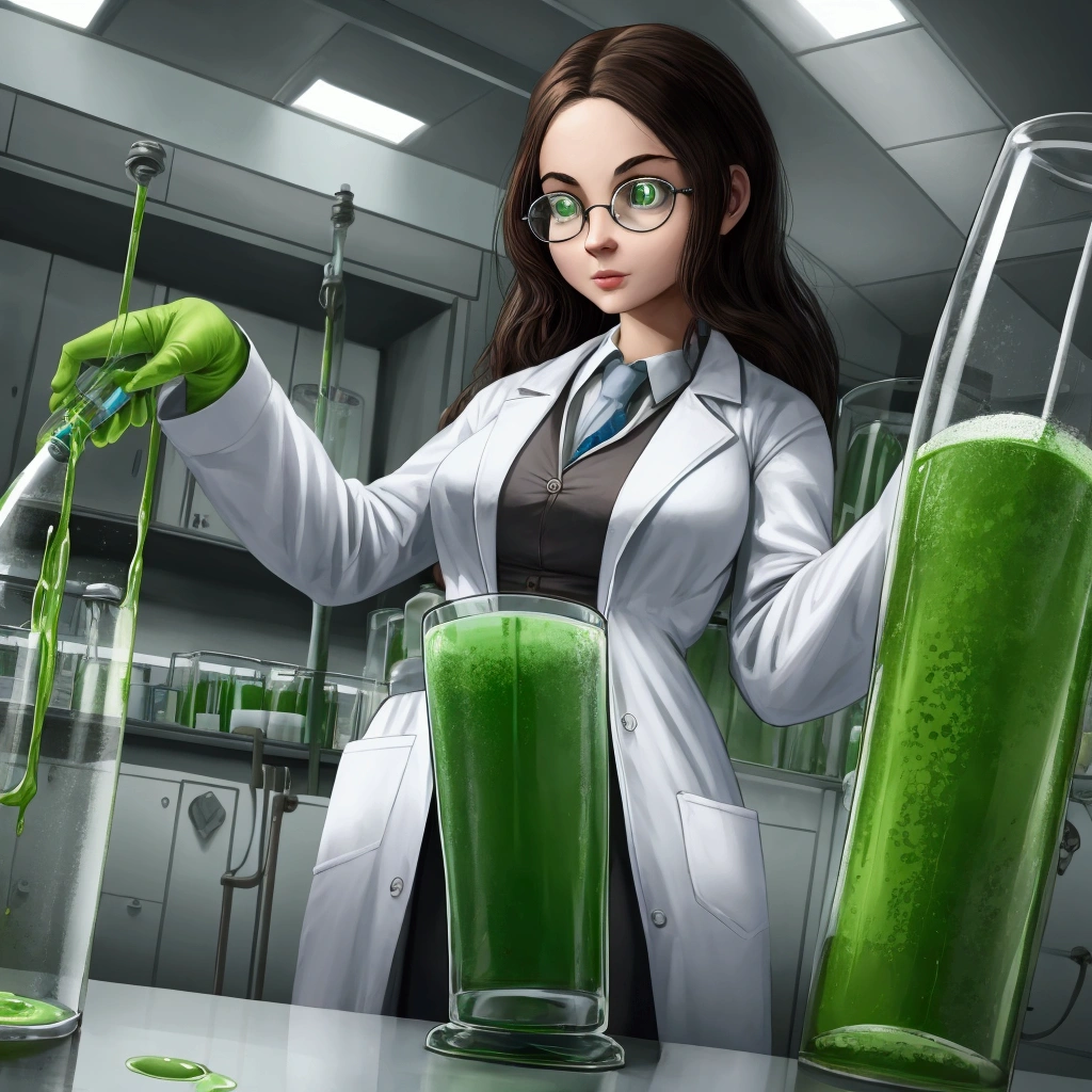  A female scientist , in the laboratory ,  holds a tube of green liquid in her hands