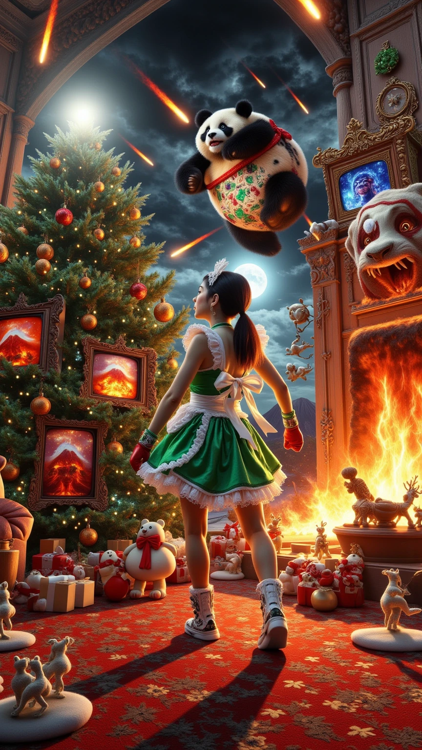 ultra-realistic, photorealistic, dramatic scene, shadow, global-illumination, solo, (a beautiful Japanese maid girl is decorating a Christmas tree in a antique room of the old European castle), cute colored maid costume, gorgeously antique furnishings, gorgeously decorated with Christmas decoration in the room, the large vintage TV displays\(Muay Thai fighter vs. terrifying man-eating panda, there are the shouting Muay Thai fighter and terrifying panda with fang, volcano, thunder, giant meteorite, galaxy, blackhole, missile, explosion, Muay Thai fighter shows extremely painful expressions\), bright ceiling lighting in the room, peaceful sunny day, she is looking back and showing a gentle smile, dynamic angle, flying terrifying panda