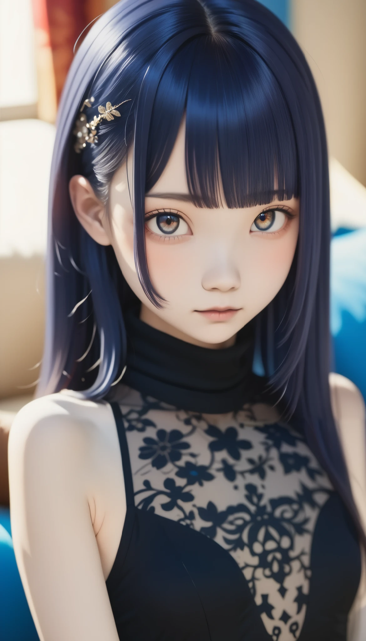  top quality、 Masterpiece、 Perfect Anatomy、 black dress、 turtleneck 、 (((**-****-*** girl, slim,  short long hair 、bangs)))、 smaller breasts、indigo background 、 smudging indigo 、 blurry background