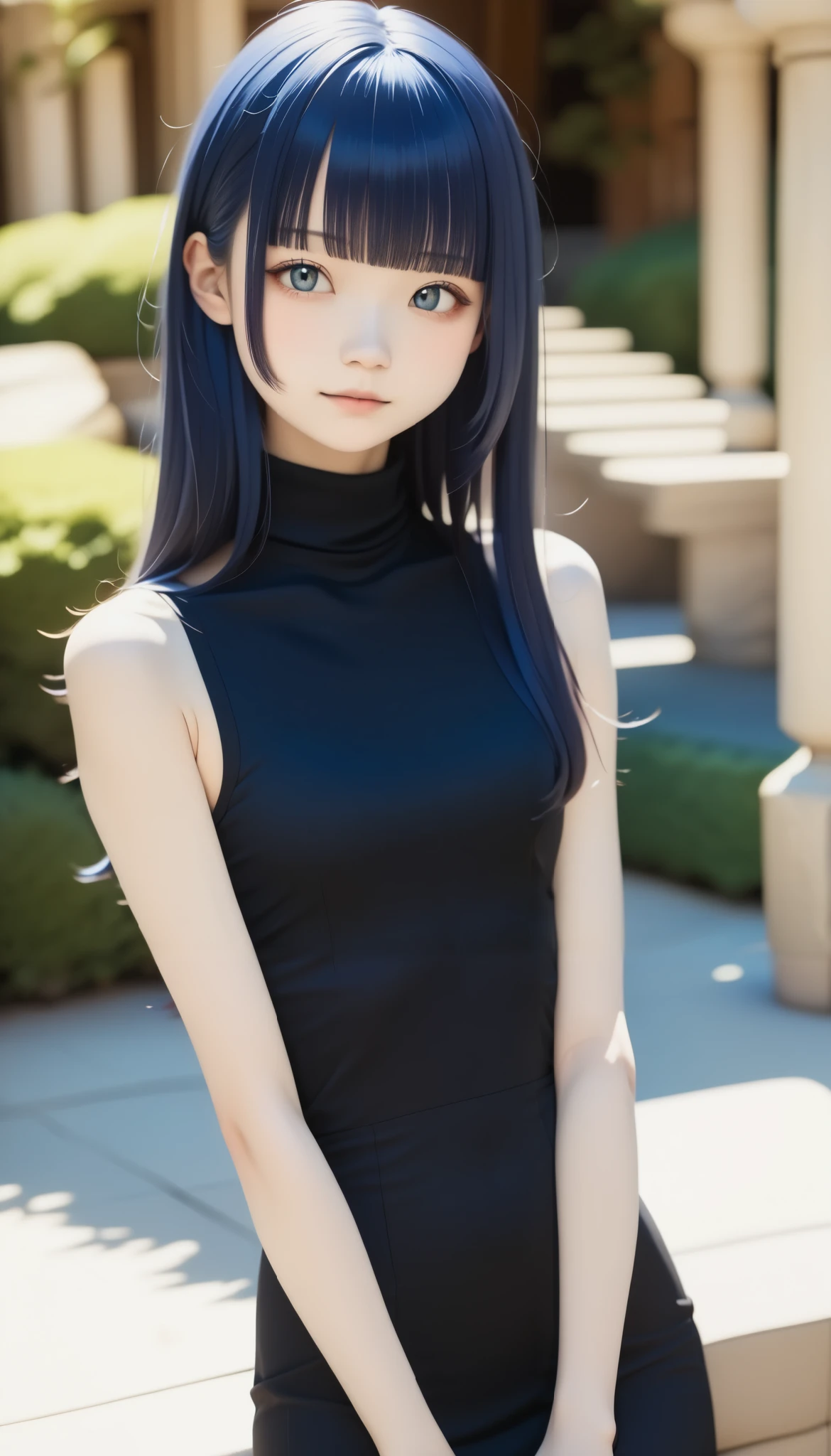  top quality、 Masterpiece、 Perfect Anatomy、 black dress、 turtleneck 、 (((15-year-old girl, slim,  short long hair 、bangs)))、 smaller breasts、indigo background 、 smudging indigo 、 blurry background