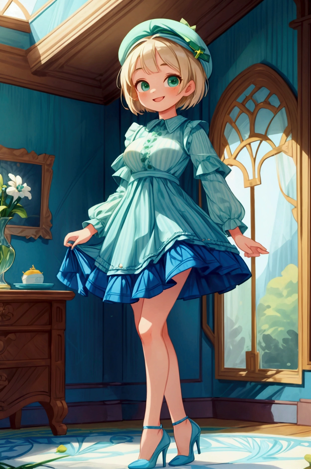 (masterpiece, best quality) 1 girl (Landscape: standing, indoor, intricate detail, sunlight) (Outfit: blue and green frilly striped dress long sleeves, blue short sleeve t-shirt over the dress, high heels, beret) (Body: white blonde short hair, green eyes, teen gorgeous body, gorgeous legs, lovely, pronounced big breast, smiling