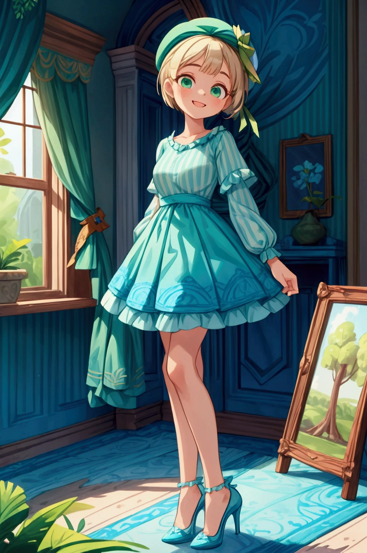 (masterpiece, best quality) 1 girl (Landscape: standing, indoor, intricate detail, sunlight) (Outfit: blue and green frilly striped dress long sleeves, blue short sleeve t-shirt over the dress, high heels, beret) (Body: white blonde short hair, green eyes, teen gorgeous body, gorgeous legs, lovely, pronounced big breast, smiling