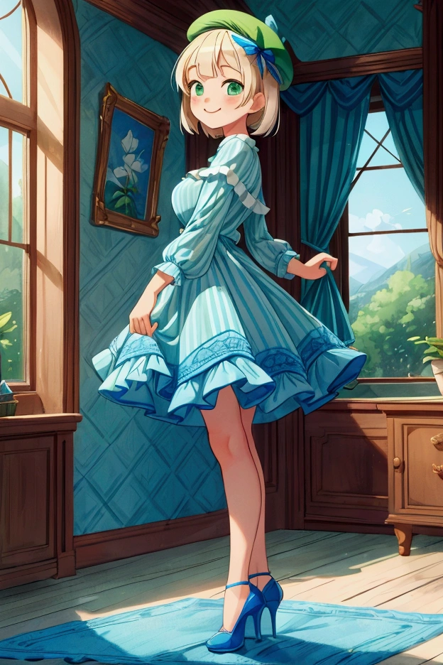 (masterpiece, best quality) 1 girl (Landscape: standing, indoor, intricate detail, sunlight) (Outfit: blue and green frilly striped dress with short neckline, high heels, beret) (Body: white blonde short hair, green eyes, teen gorgeous body, gorgeous legs, lovely, pronounced big breast, smiling