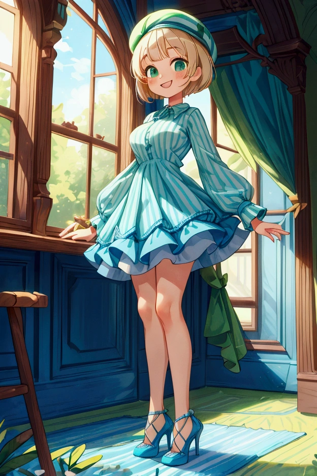 (masterpiece, best quality) 1 girl (Landscape: standing, indoor, intricate detail, sunlight) (Outfit: blue and green frilly striped dress with short neckline, high heels, beret) (Body: white blonde short hair, green eyes, teen gorgeous body, gorgeous legs, lovely, pronounced big breast, smiling