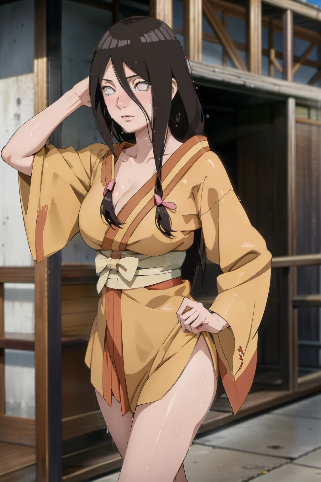 Hanabi ,1girl , anime , masterpiece  , long hair  , sweat , sexy , medium  breasts , sexy,  miko sacerdotisa clothes . Standing ,  atack pose