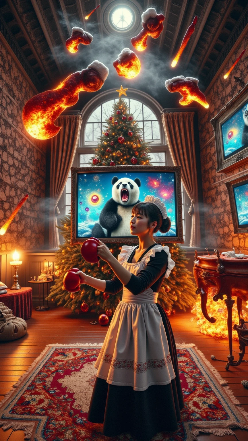 ultra-realistic, photorealistic, dramatic scene, shadow, global-illumination, solo, (a beautiful Japanese maid girl is decorating a Christmas tree in a antique room of the old European castle), cute colored maid costume, gorgeously antique furnishings, gorgeously decorated with Christmas decoration in the room, the large vintage TV displays\(Muay Thai fighter vs. terrifying man-eating panda, there are the shouting Muay Thai fighter and terrifying panda with fang, volcano, thunder, giant meteorite, galaxy, blackhole, missile, explosion, Muay Thai fighter shows extremely painful expressions\), bright ceiling lighting in the room, peaceful sunny day, she is looking back and showing a gentle smile, dynamic angle, flying terrifying panda