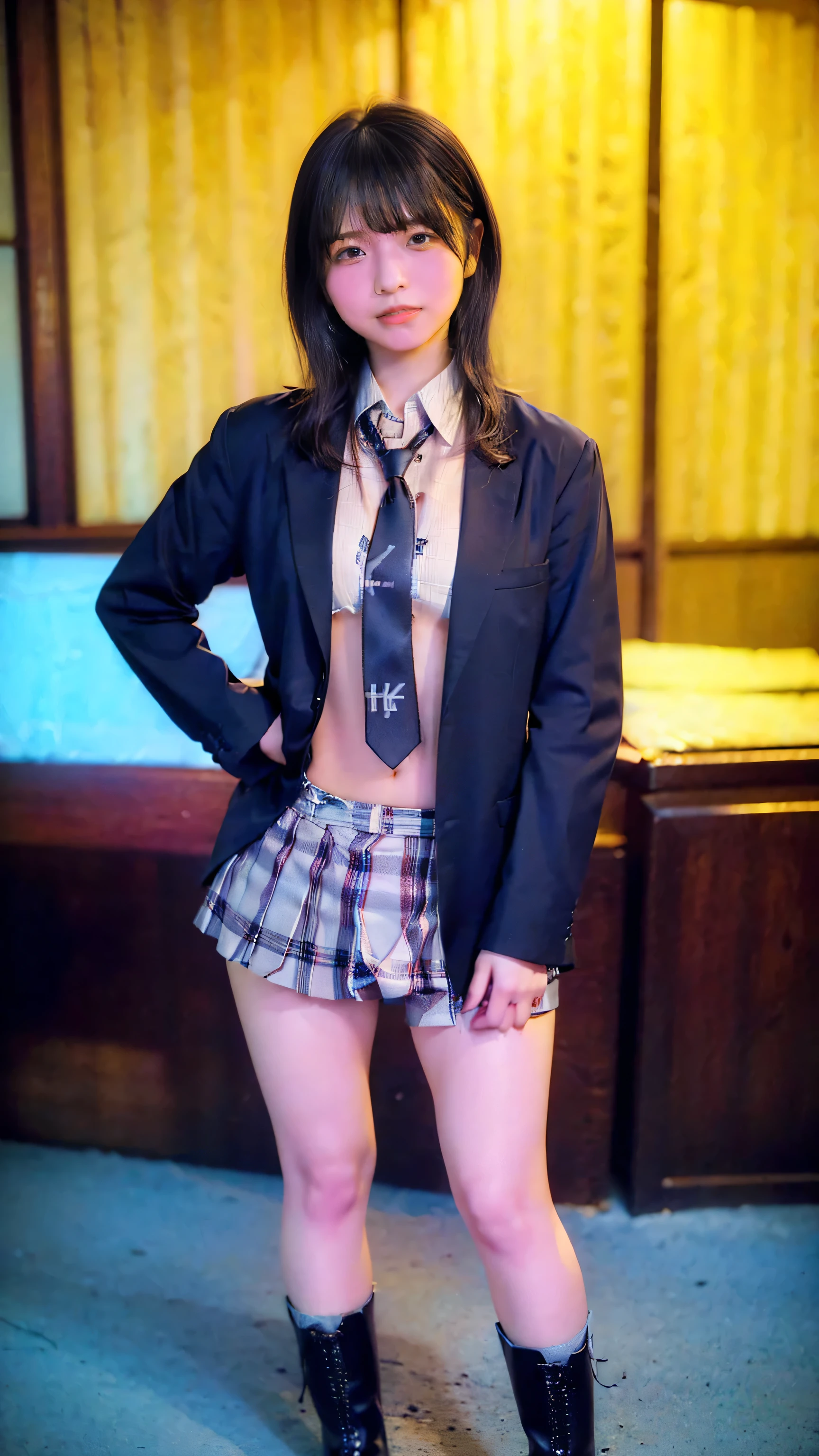 (8k、 RAW photos 、 top quality、 masterpiece on penis :1.2)、( realistic 、 realistic )、1 person、((Black and light blue、 blazer、uniform、 shirt、 ties、smile、 plaid mini skirt、 boots、garden、Thin legs、whole body、Hands on hips、 standing facing you )、cute, sexy pose, seductive, girl bedroom