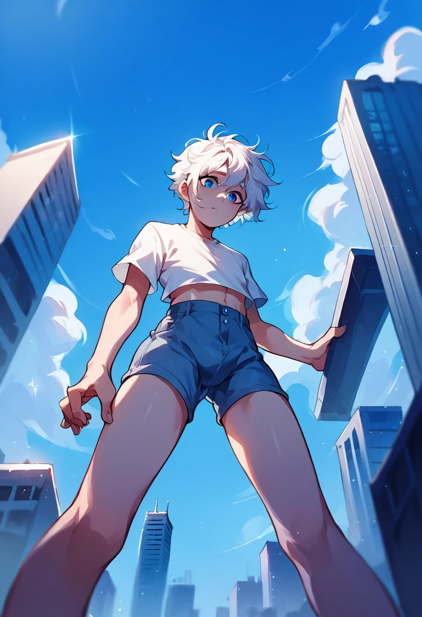 score_9, score_8_up, score_7_up, score_6_up, score_5_up, score_4_up, (source_anime), white hair, male, twink, femboy, solo, 1boy, medium hair, messy hair, blue eyes,  giant, city, from below, low angle