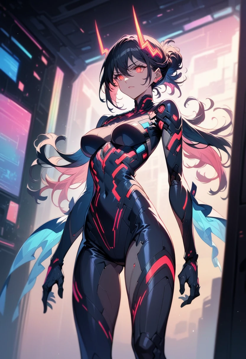 (Masterpiece), 1girl, glowing horns, red horns, mechanical horns, red eyes, black hair, hair between eyes, mic set, futuristic cloths, battle suit, leotard, glowing neon bodysuit, serious expression, sharp eyes, dynamic lighting, dark, best quality, shaded, shadow, cinematic, shaded face, ear piece, inside a spaceship, cyberpunk theme 