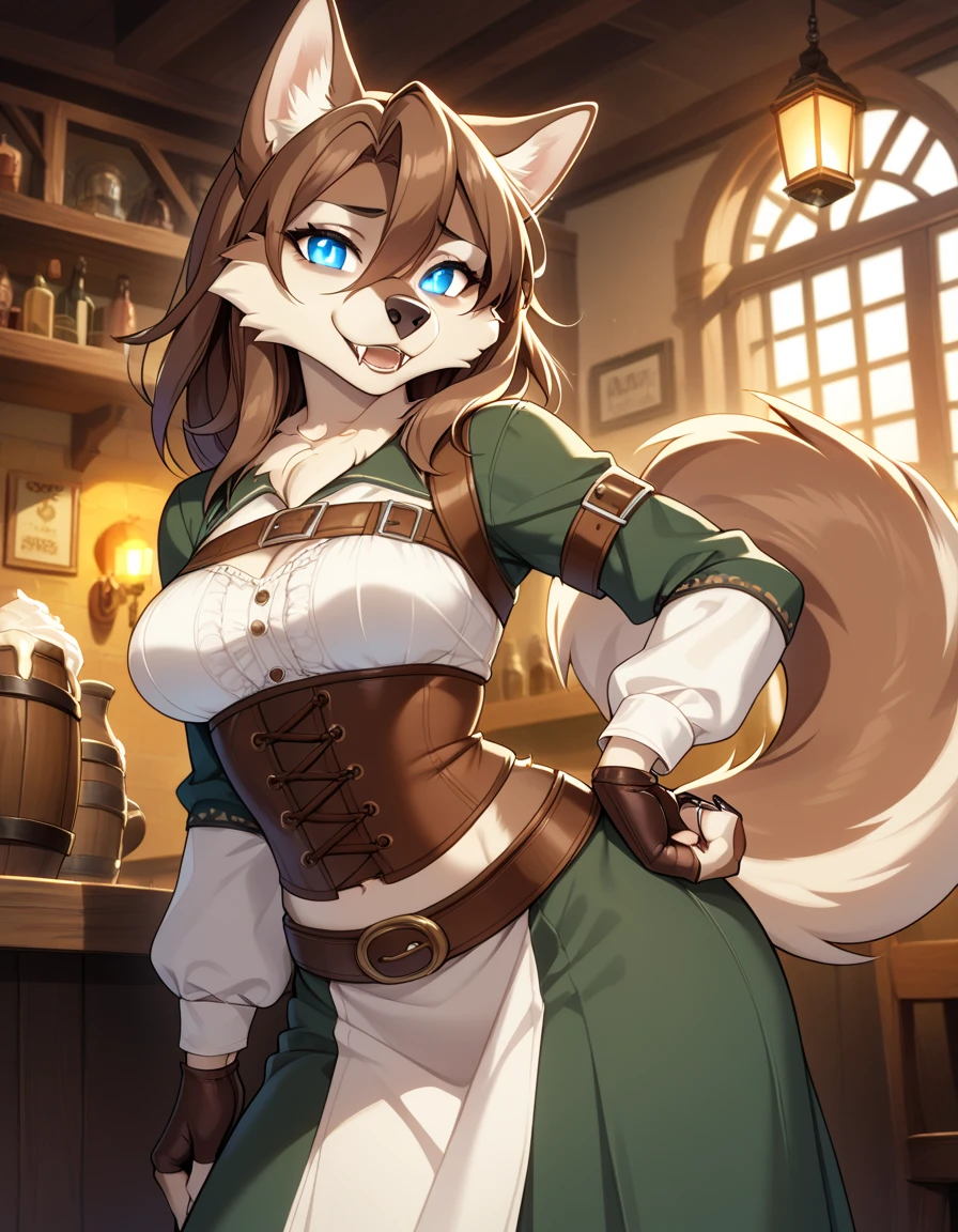 1girl, tail, furry, animal_ears,glowing blue_eyes, brown_hair, belt, looking_at_viewer, furry_female, gloves, wolf_tail, sad smile, wolf_ears, fingerless_gloves, hair_between_eyes,long skirt, hand_on_hip, snout, breasts, pouch, brown_gloves, cream white corset, wolf_girl, fangs, medium_hair, long_sleeves, medium_breasts, brown_belt, artist_name, tavern outfit