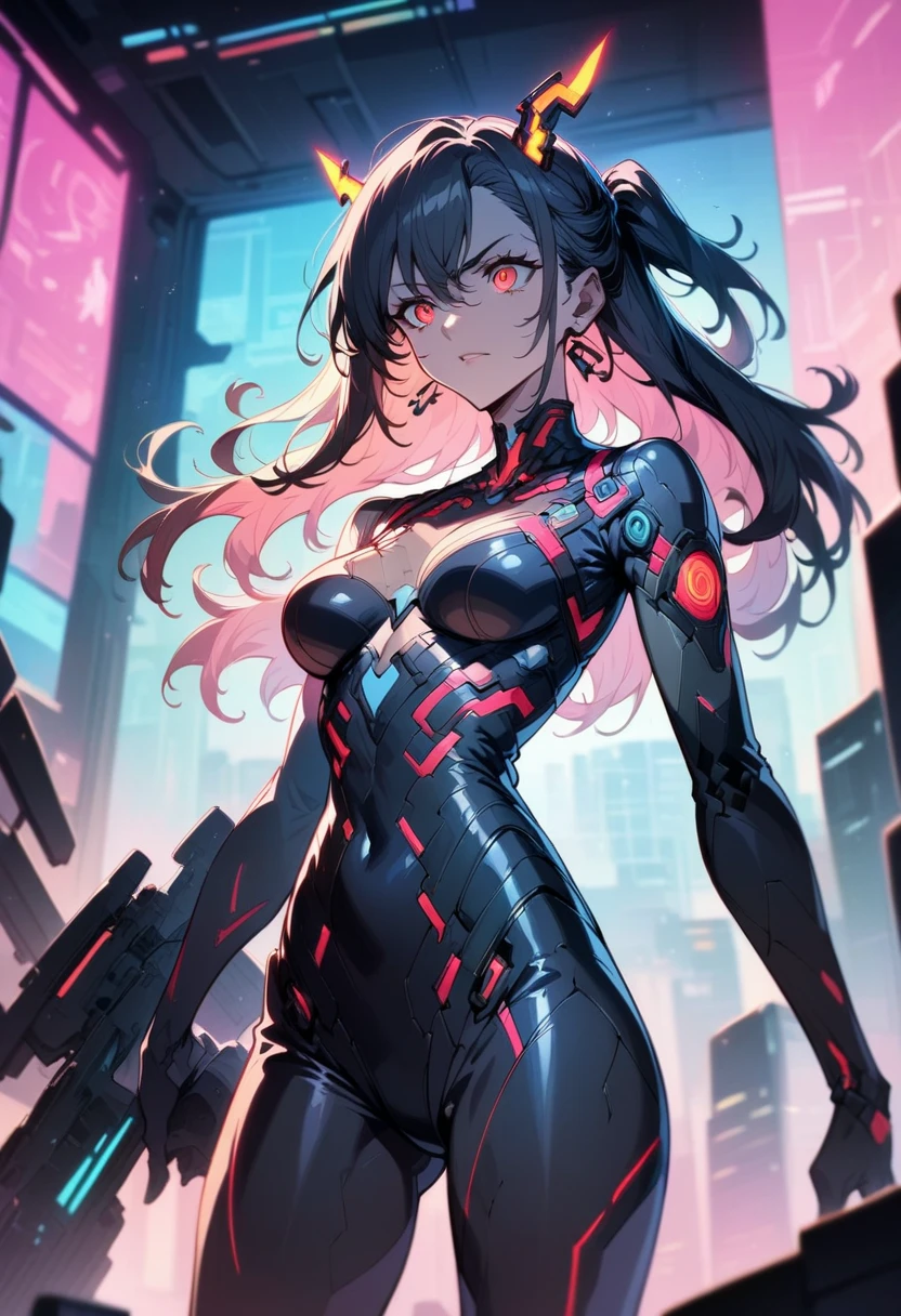 (Masterpiece), 1girl, glowing horns, red horns, mechanical horns, red eyes, black hair, hair between eyes, mic set, futuristic cloths, battle suit, leotard, glowing neon bodysuit, serious expression, sharp eyes, dynamic lighting, dark, best quality, shaded, shadow, cinematic, shaded face, ear piece, inside a spaceship, cyberpunk theme, gun, ammo pouch, holding rifle, future pulse rifle, holding