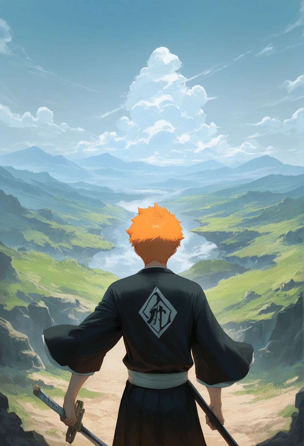 cutesexyrobutts, ink style, manga,,zangetsu_(shikai),ko-dai, holding sword, holding weapon, holding masterpiece, best quality, bleach, 1boy, kurosaki_ichigo, orange hair, black kimono, from behind, , landscape, complex background, very aesthetic, masterpiece, best quality, very aesthetic, highres, (reddizen:0.9), (nikorashi-ka:0.1), (happoubi jin:0.3), (ask \(askzy\):0.4), (pija:0.7),(remsrar:0.3), masterpiece, best quality, newest, absurdres, highres, intricate detailed,