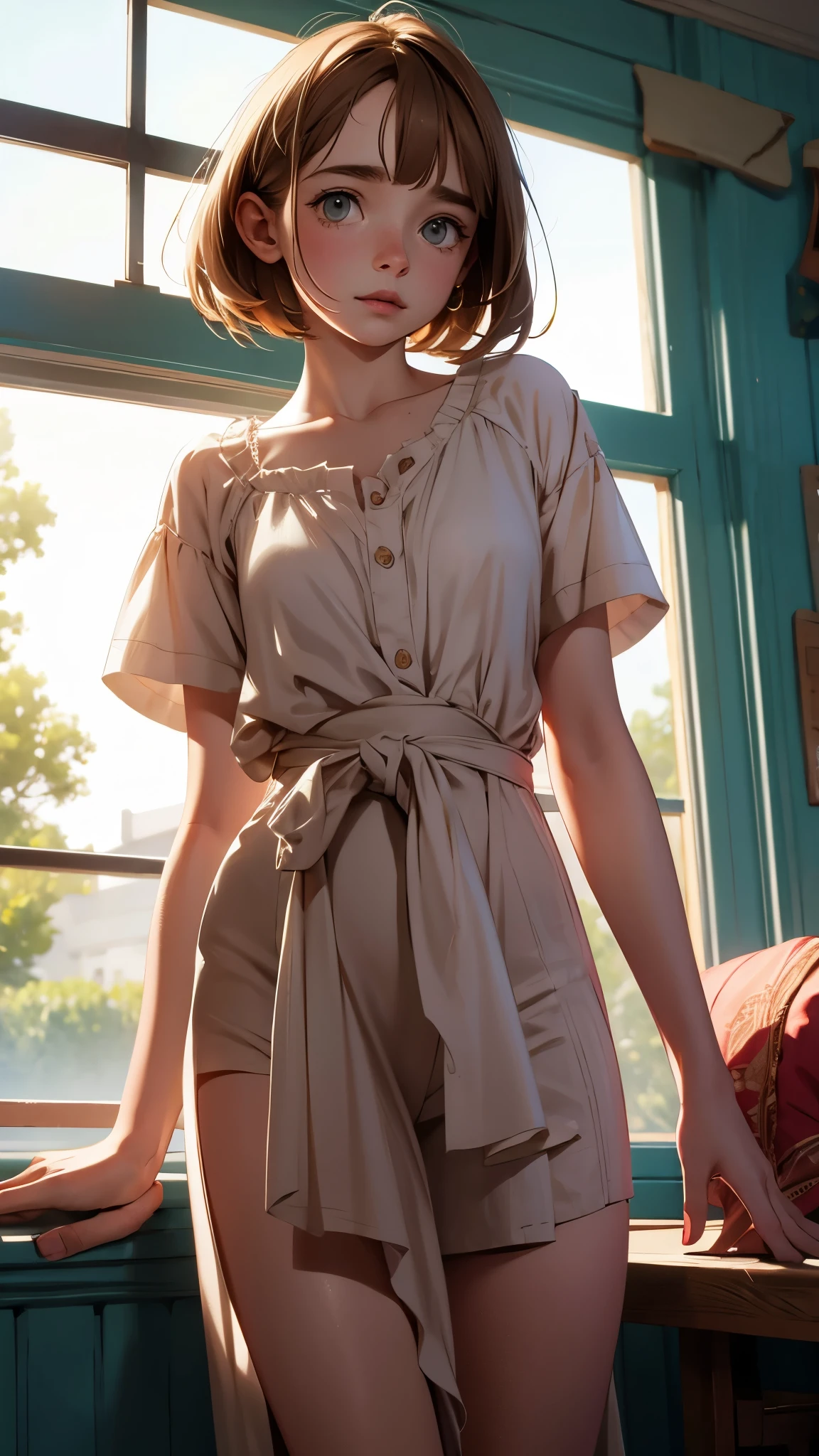 art by (Carl Larsson:1.2),(post-Impressionist),,((oil painting)),soft lighting,COOL,cammy sf6, 1girl,solo,blonde hair, short hair,blue eyes, large breast, scar on cheek , face,nose blush,(half-closed eyes),detailed eyes,looking at viewer,(smile:1.3),wear glasses、full body figure、wear a brown turtleneck sweater(highest quality))、((masterpiece)、real skin glow、((((11 year old girl))))、Tokyo night seen from underground、Close-up view of loser with short blonde curly hair)、(Wear a white garter belt and opaque boys shorts'shorts)、wear red fishnet tights。Number of dynamic and sexy poses with enlarged breasts々々、sunset、slight smile、((1 Shiny skin.7))