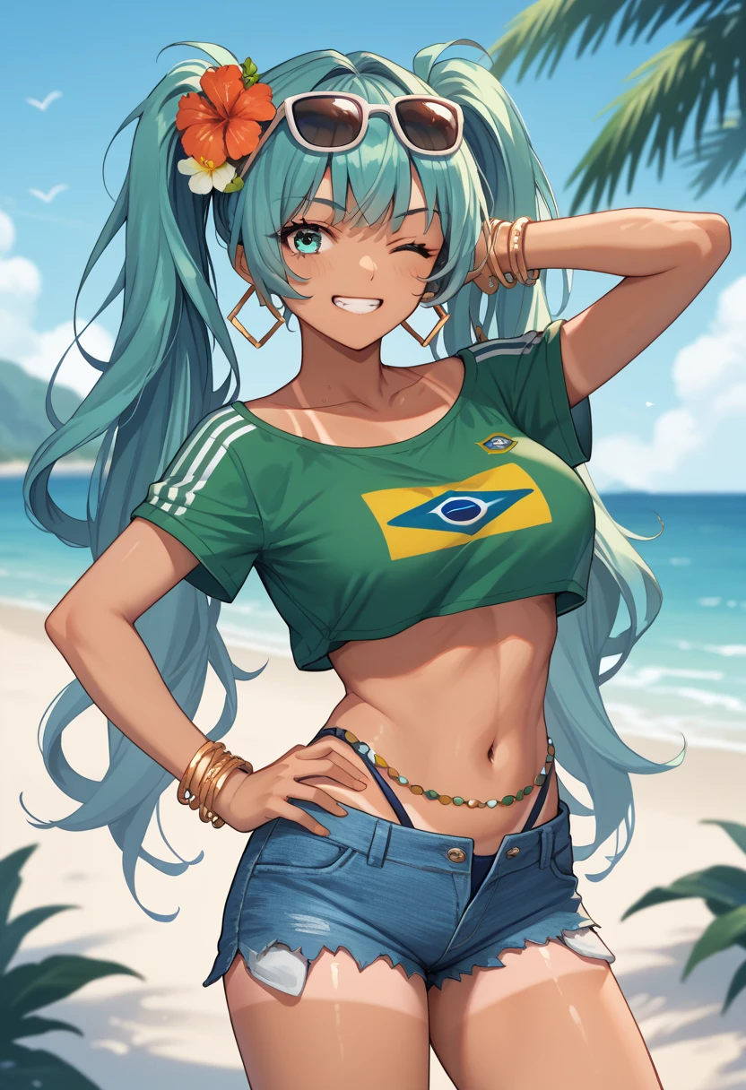 score_9, score_8_up, score_7_up, source_anime, solo, 1girl, brazilianmiku, dark-skinned female, tanlines, grin, looking at you, standing, hand on own hip, arm behind head, twintails, hair flower, sunglasses, eyewear on head, aqua eyes, one eye closed, yellow shirt, cropped shirt, short sleeves, swimsuit, blue shorts, denim shorts, short shorts, hoop earrings, bracelet, collarbone, midriff, large breasts, outdoors, beach
