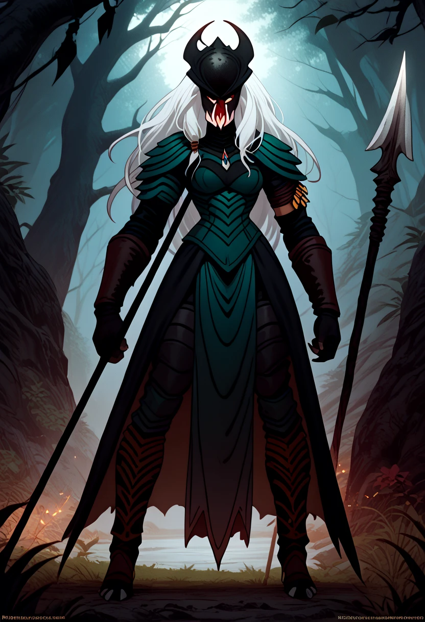 Princess,Yautja,predator,huntress,long hair,white hair,black skin,spear,huntress outfit,hunting,badass,action scene,epic,full body,inspired by the style of 90’s animated movies 