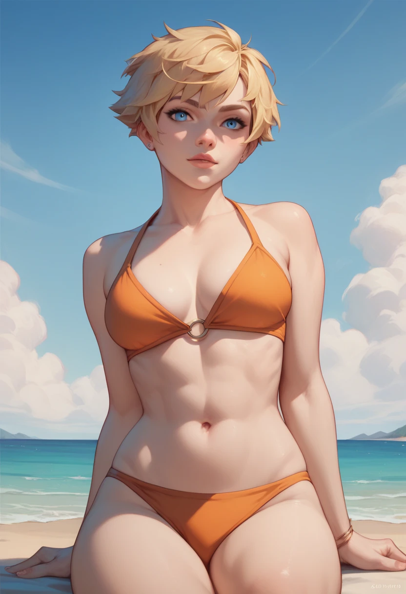 1 girl,  short hair , dark blonde hair , sky blue eyes, sin pupilas, light skin,  pale skin , Well detailed skin,  I'm wearing an orange bikini,  on the beach