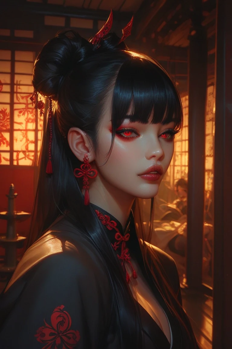 A female vampire, late 30s in age, Asian, long black hair with bangs, red eyes, black kimono, inside Japanese castle at night, beautiful but scary, highly detailed, 