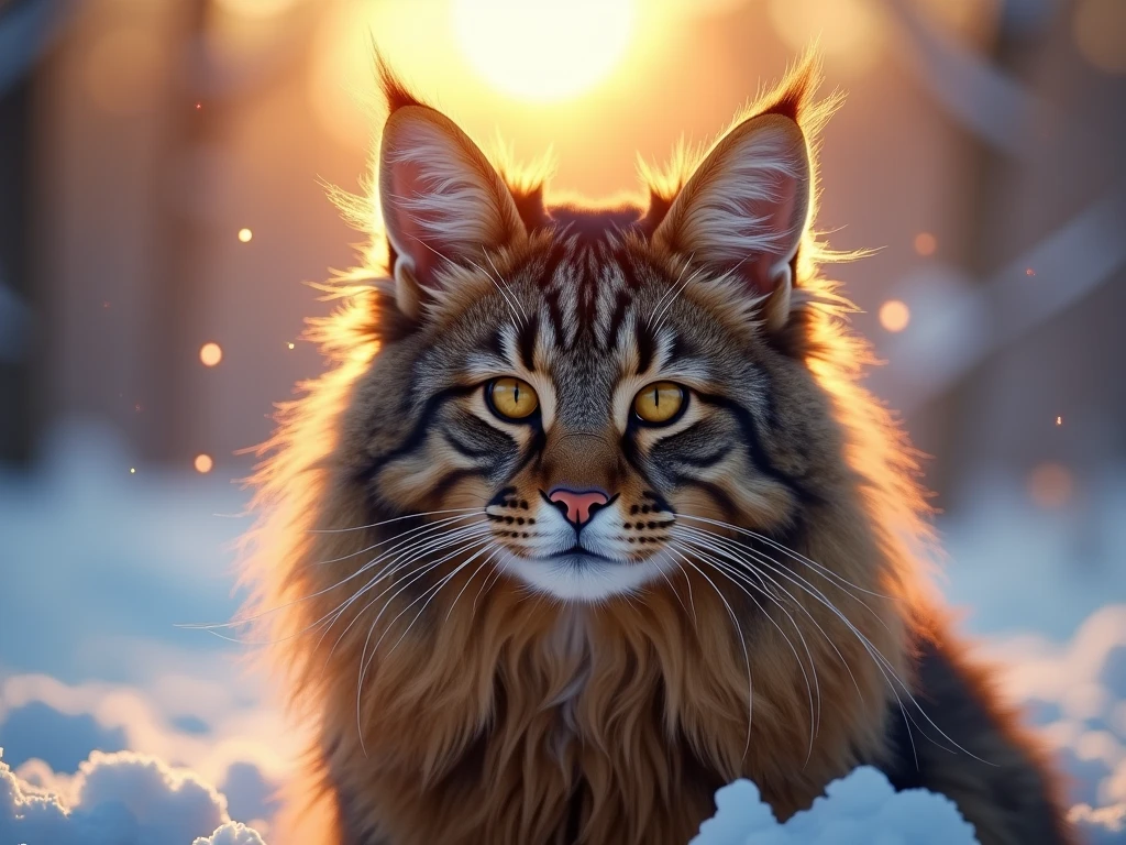 A majestic giant cat sprawls across a sun-drenched desert landscape. Its tawny fur glistens in the warm light, with each whisker and ear perfectly defined. The camera frames its regal face, nose twitching as it surveys its kingdom. Soft sand swirls around its paws, and a distant dune rises like a mystical mountain range.
