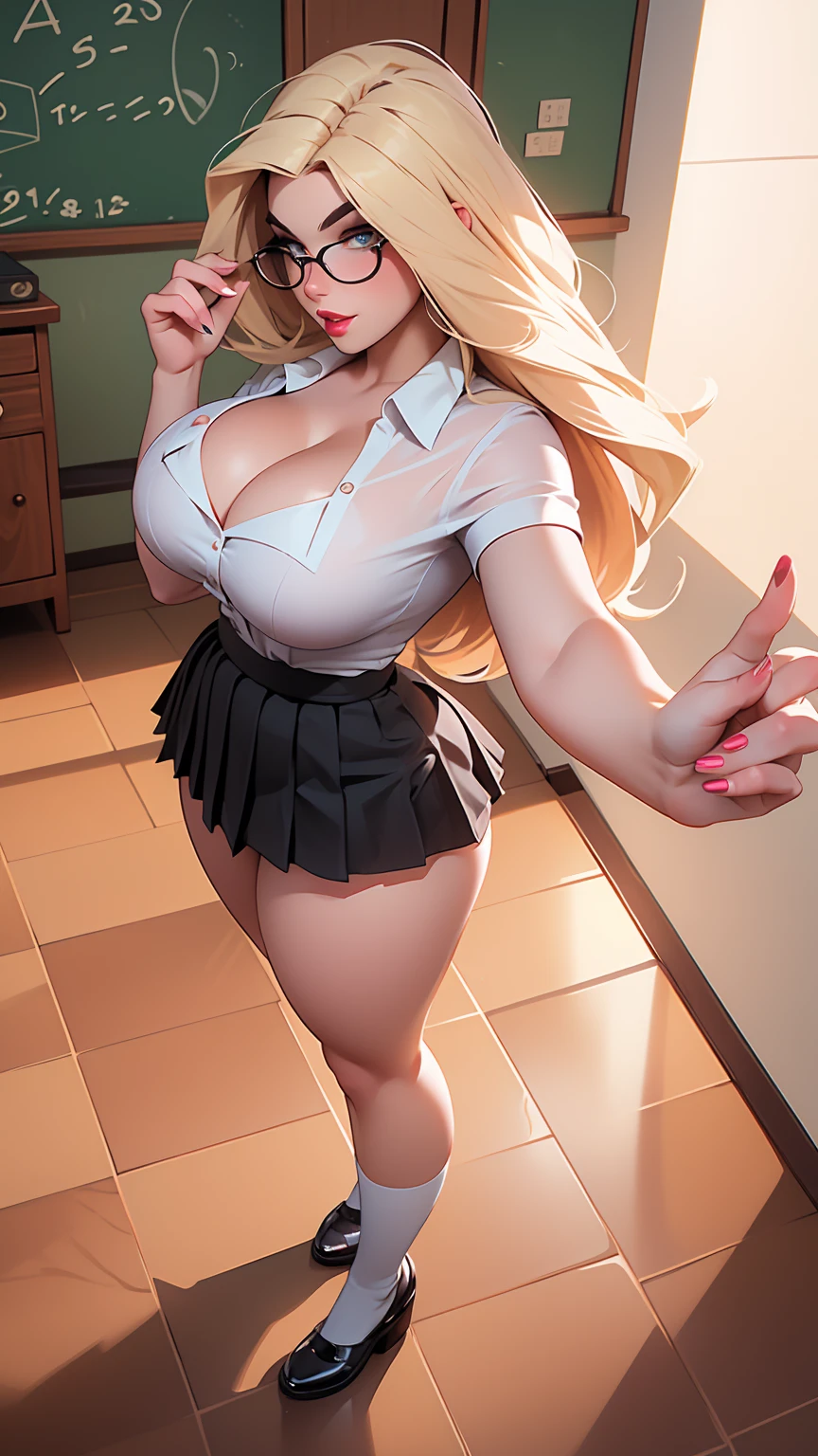 Photorealistic style, foto de Instagram, selfie, (( full body)), fercosplay:1, (fe galvao), blonde, , ultra pale skin, student,  long hair,  curly hair , pale skin, Big almond-shaped eyes, ((sexy catholic school uniform, atuendo personalizado Como student)), (( thick and toned thighs )), (( toned and muscular legs)), dirty look, aisles,  detailed skin,  red lipstick, nerd lenses, (big huge cleavage), (Shirt top and pleated miniskirt), ((escote enorme, Pecho enorme)) (( curvy and muscular body )) sexy muscular,  natural lighting , Detailed realistic, Excited, depth of field, reflection light, Rays of God,  Social media composition,  gunman shot, plano general, from above, f/1.8, 85 mm, NIKON, 16K,  Masterpiece,  tall details,  HIGH QUALITY, highres,  wallpaper 