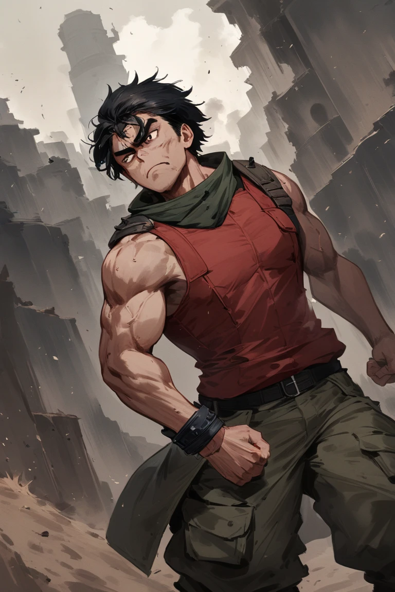  Make a anime man, shounen art style, Tadao struck a lively contrast, his clothing dark and rugged—a sleeveless red vest and cargo pants, complemented by spiked bracers on his arms. Muscular and burly, he was the embodiment of raw strength and energy, with tousled black hair that framed a fiercely animated face with deep-set brown eyes. Lively and loud, Tadao thrived in combat, always itching for a challenge. However, he now wore a frown that betrayed his jovial façade—the news of Akira’s death gnawed at him, a sense of emptiness replacing the thrill of battle. “It’s just not the same without a good fight. News like this weighs down the heart, man,” he said, his voice loud yet tinged with melancholy.
