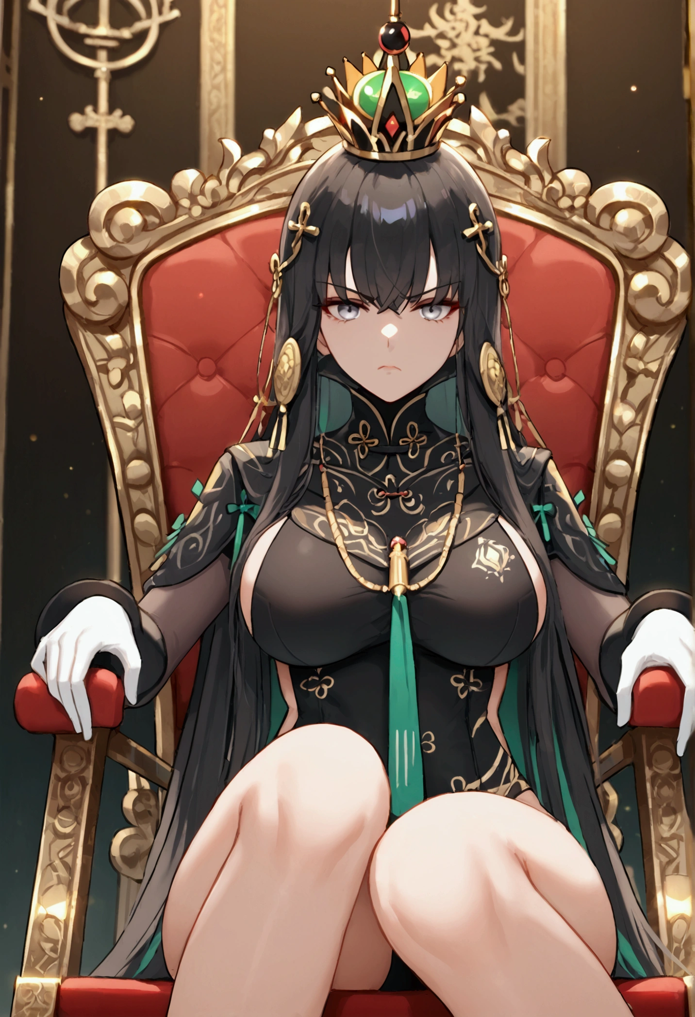 A woman with dark gray hair, long hair, diamond barrette in her hair, gray eyes, wearing black Chinese attire with white details, with peacock feather sleeves, holding an ice sword, sitting cross-legged on a large throne made of ice, ice throne, in a large room with Chinese aesthetics, cold fog in the background, serious face, big breasts. Punishing_Gray_raven, Qu. UHD, masterpiece, accurate, anatomically correct, textured skin, super detail, high quality, best quality, 8k, high resolution, bokeh effect.(solo woman),white gloves, close view, queen crown, sitting in queen chair.
