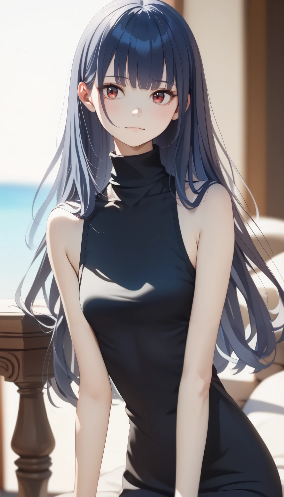  top quality、 Masterpiece、 Perfect Anatomy、 black dress、 turtleneck 、 (((15-year-old girl, slim,  short long hair 、bangs)))、 smaller breasts、indigo background 、 smudging indigo 、 blurry background