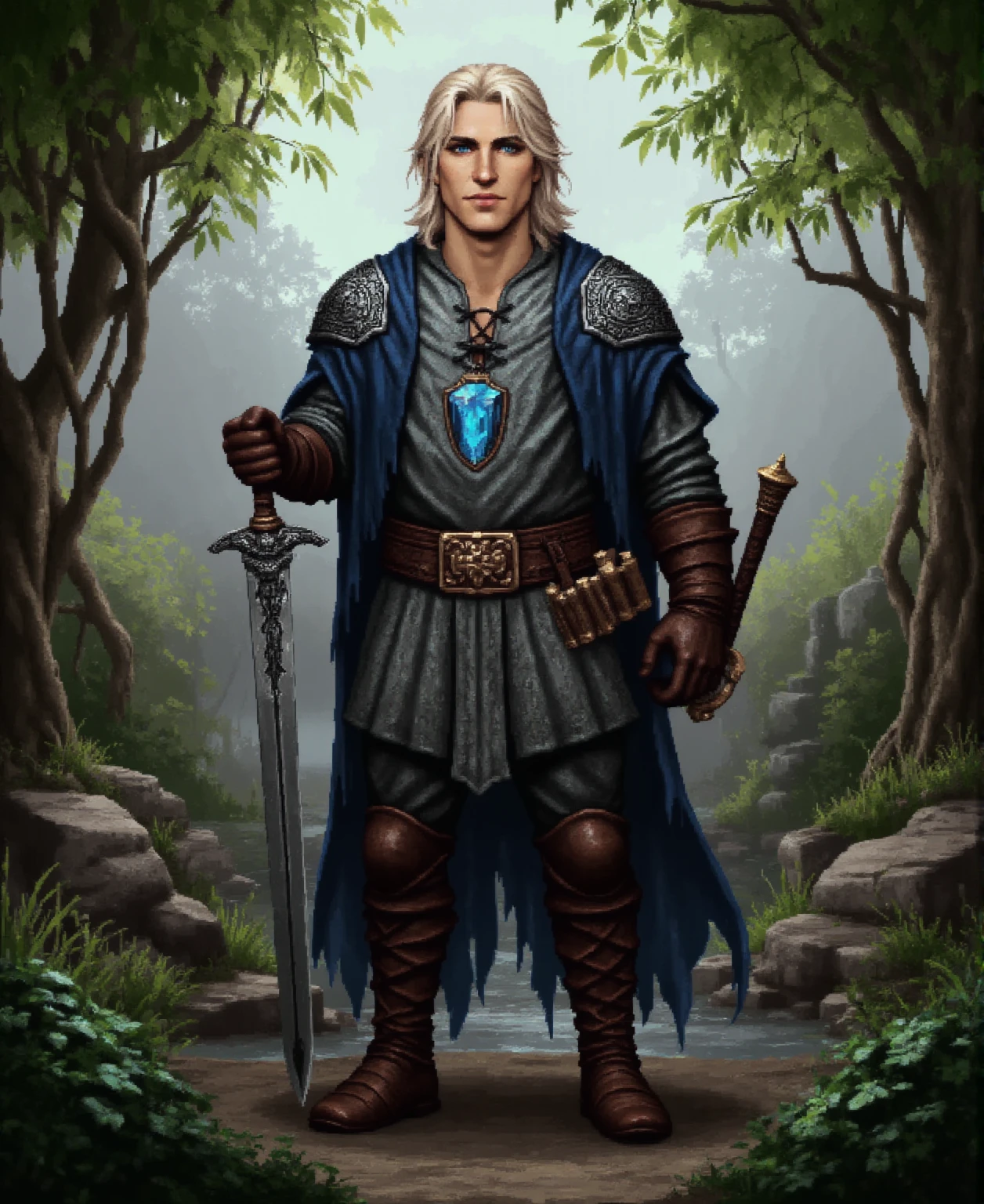 Aldric the Wanderer: "Create an image of a tall, silver-haired man with deep blue, glowing eyes. He wears a deep blue cloak with silver runes, a blend of leather and enchanted steel armor, and carries a silver longsword and a staff with a crystal of pure light. He stands in a forest clearing, with a calm and confident aura surrounding him."