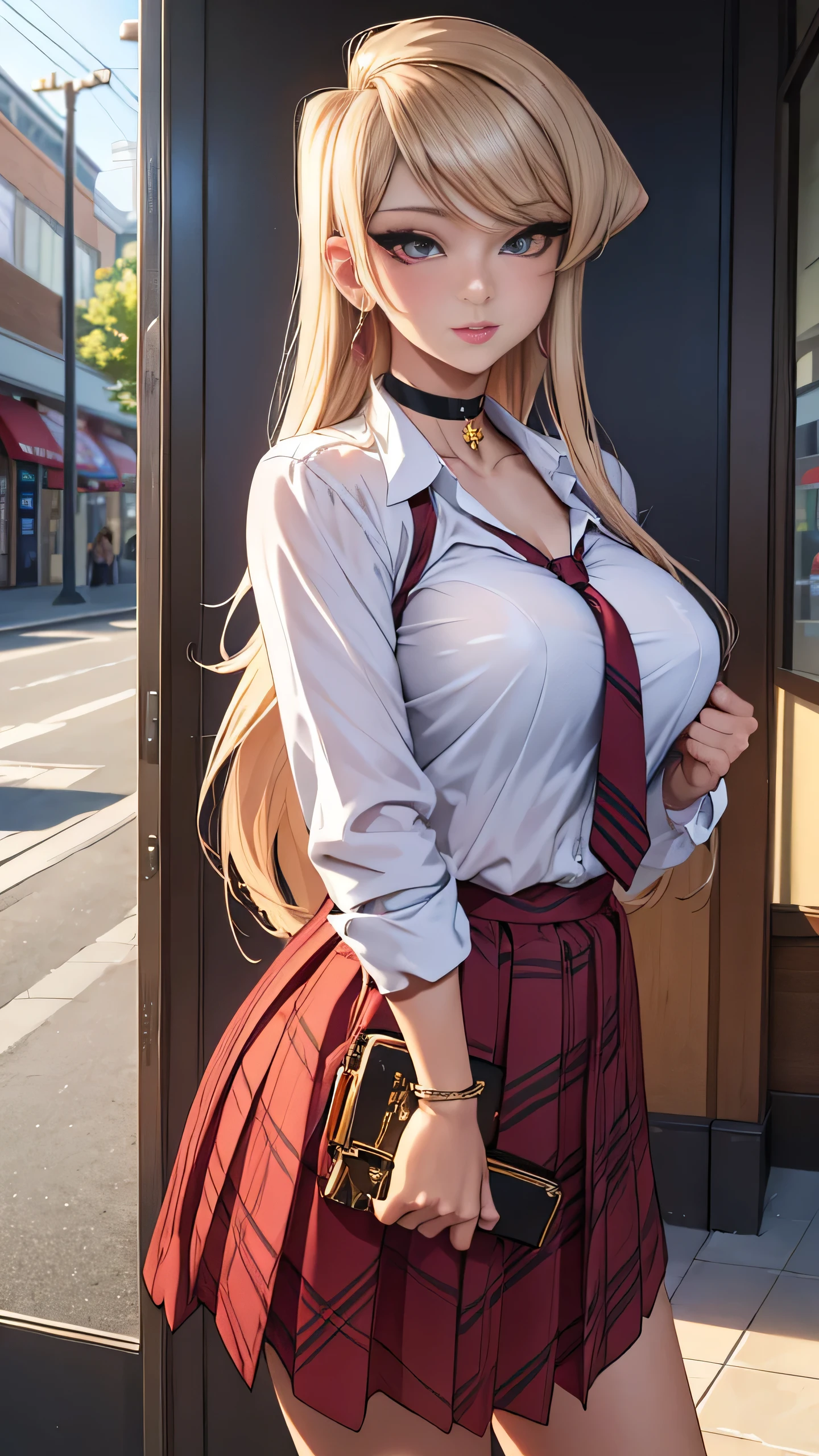 (anime style),masterpiece, best quality, ultra-detailed, glistening shiny, glowing light, ray tracing, HDR, deph of field, (perfect face, detailed face, detailed eyes),(large breasts:1.2),8k,HD,ultra realistic face,ray tracing,perfect lighting,best quality, ultra-detailed, shiny eyes, (looking at viewer,sensual smile:1.1), ((1girl)), (gyaru, mature female:1.4),hourglass_body shape, Komi shouko,long hair,((gradient hair)),multicolored eyes, gradient eyes, (glowing eyes:1.1), mascara, (fashion make up), parted lips,skirt, shirt, jewelry, school uniform, white shirt, pleated skirt, earrings, necktie, choker, grin, bracelet, blue skirt, plaid,black choker, plaid skirt, piercing, ear piercing, bright pupils,tied shirt, bead bracelet, ((mall, terrace, shops, glass roof)),complex background,((super detailed background)), sensual poses((8k wall paper)), ((8k wallpaper)) ,