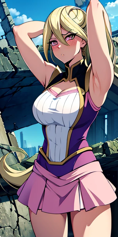 1 Female,High definition,high resolution,Ultra-realistic,8K, Gloria Tyler, blonde hair, pink eyes,serious, long hair, large breasts,sleeveless,pink skirt, (ruins),blush,tight skirt, miniskirt, large breasts,European,sexy,Upper body close-up,Photographed from the front,Dynamic Angles,(blush), (medium tits) ,(arms behind head)