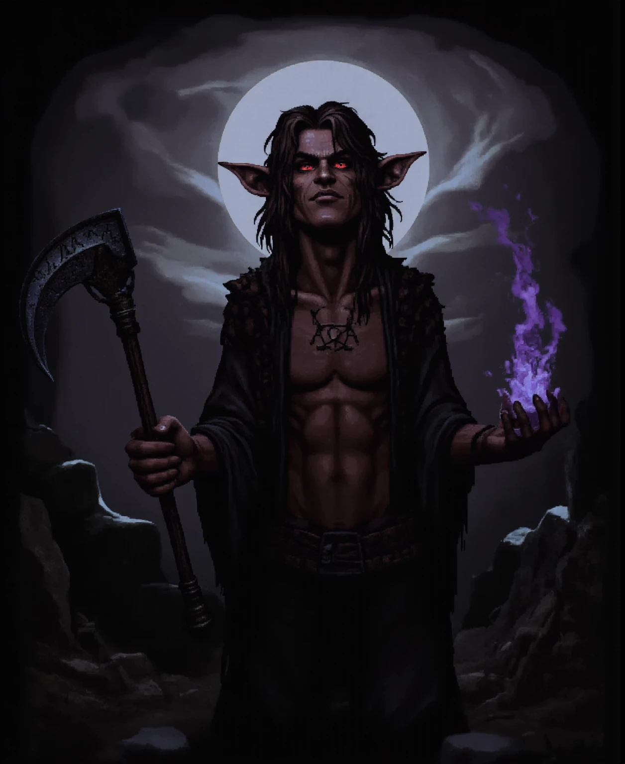 Vorathis the Shadowborne: "Create an image of a tall, gaunt man with jet-black, living hair and hollow, glowing red eyes. He wears a tattered black robe with dark runes, and carries a scythe-like blade with a dark, obsidian finish and a staff with a crystal of pure darkness. He stands in a dark, shadowy environment, surrounded by a swirling cloud of darkness and malevolent energy."