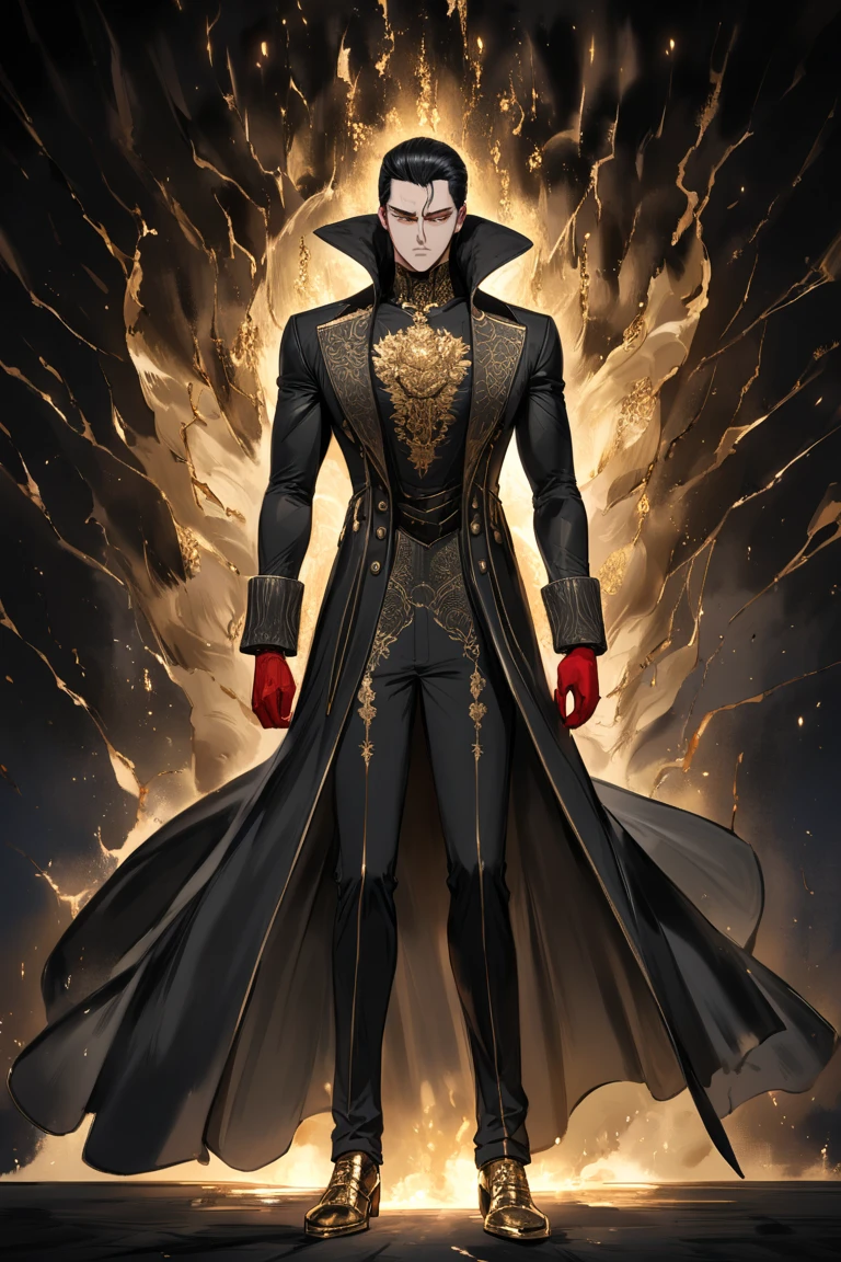 make a anime man, shounen art style, Height: 6’5” (196 cm)
Hair: Jet-black, slicked back with streaks of ash-gray running through.
Eyes: Piercing gold with slit pupils, glowing faintly like a predator in the dark.
Skin: Pale, almost sickly, with veins of shadow-like energy running up his arms and neck.
Aura: Oppressive and suffocating; the air around him feels cold, as if hope itself is being drained.
Outfit
Main Colors: Black, crimson, and metallic gold.
Top: A long, black military-style coat with crimson accents and a high collar. The coat’s interior glimmers with shifting, shadowy patterns.
Accessories:
A golden chain draped across his chest, attached to the coat like a warlord’s badge of authority.
Crimson gloves with gold embroidery, hiding hands that pulse with dark energy.
Bottoms: Tailored black trousers with subtle crimson stitching.
Shoes: Polished black boots with gold plating on the toes and heels.
