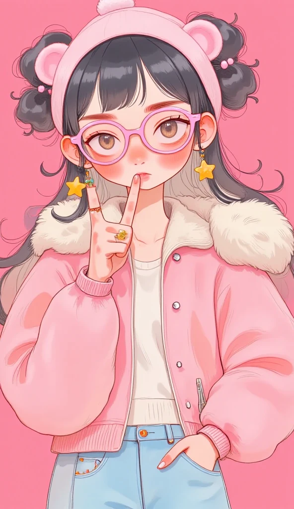   a person wearing a bear hat and soft, round pink glasses has his index fingers close to his mouth,   he puts his lips as if he were going to kiss  ,   on his fingers he wears rings he wears a pink fur coat  , earrings with bears  ,   wears disheveled bangs  ,   her eyes wide open beautiful and tender  , pink background .,   vector art by Yamagata Hiro  ,  Trend in CG  , esteticismo, in blue and  yellow clothes , anime   full body illustration  ,   full body illustration  , some   yellow and blue,   illustration style  ,   yellow and blue,  yellow clothes , Phone background, y2k style, y2k style,  beautiful artistic style 