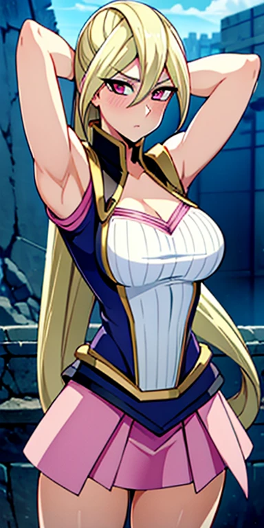 1 Female,High definition,high resolution,Ultra-realistic,8K, Gloria Tyler, blonde hair, pink eyes,serious, long hair, large breasts,sleeveless,pink skirt, (ruins),blush,tight skirt, miniskirt, large breasts,European,sexy,Upper body close-up,Photographed from the front,Dynamic Angles,(blush), (medium tits) ,(arms behind head)