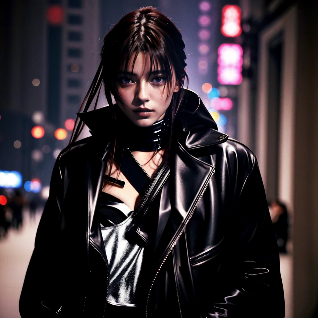 masterpiece、hightquality、Soio、beautiful model、Back lighting、beautiful hairl、A detailed eye、Dramatic scenes、Rain on neon sign street、Beautiful 26 year old woman sitting on bench, Sitting facing the front、Kneeling、Blade Runners Air、full body Esbian、Cinematic. leng jun, Anime style mixed with Fujifilm, mid shot portrait, cyberpunk streetwear, Inspired by Liam Wong, inspired by Kanō Naizen, cyberpunk vibe, cyberpunk photo, muted cyberpunk style, Medium shot portrait, hyper-realistic cyberpunk style, wearing cyberpunk streetwear、Powerful Hand Pose、low angles、wide-angle lens、14mm lens、sigma、Depth of subject、8K High Resolution、细致背景、Drawing with enhanced hair details、A detailed face、more hair、Detailed nose、Detailed mouth、Detailed body、stares at the camera、Hair details