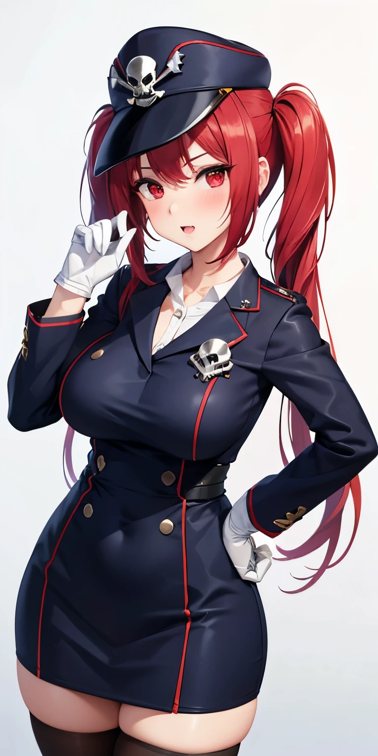 1 Female,High definition,high resolution,Ultra-realistic,8K, 1girl, solo, red hair, red eyes, twintails, employee uniform, pencil skirt, skull print, navy cap, fang, black legwear, white gloves, large breasts,European,sexy,Upper body close-up,Photographed from the front,Dynamic Angles,(blush), (medium tits) , multicolored hair 