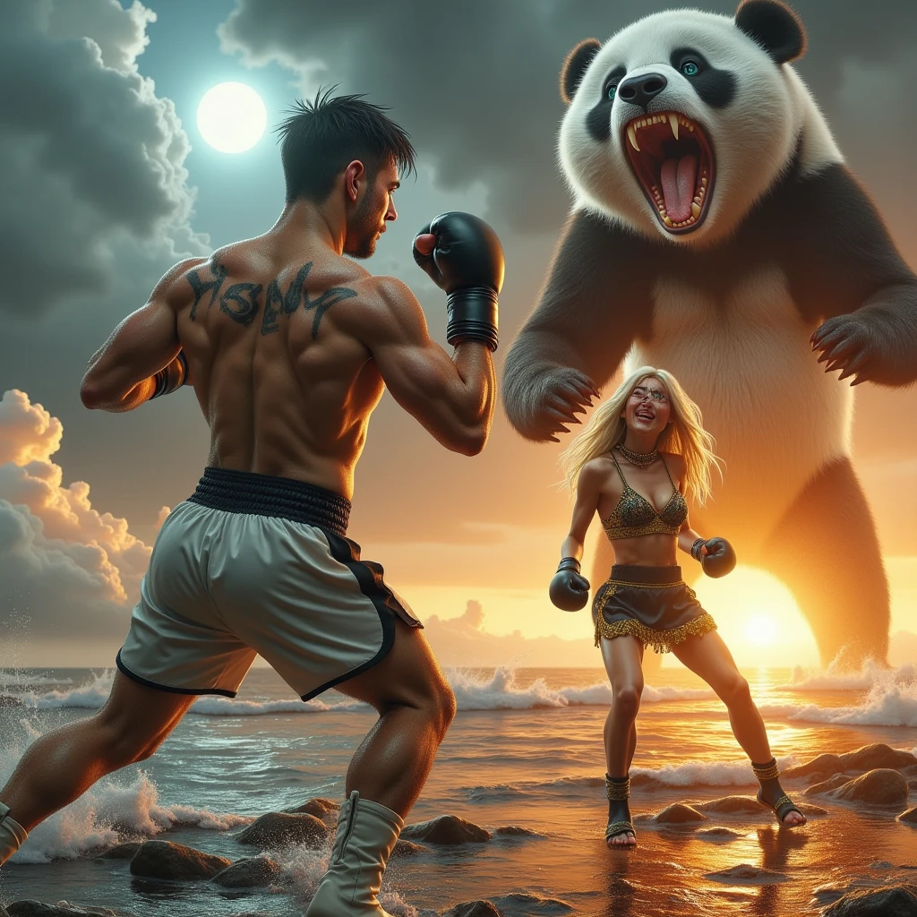 Image of a Muay Thai fighter in a fight to the death and the face of a elven lady with long blonde hair crying against a background of a giant cute scary man-eating panda, 1boy, male focus, ocean, open mouth, realistic, cloud, teeth, sun, burning, bshp