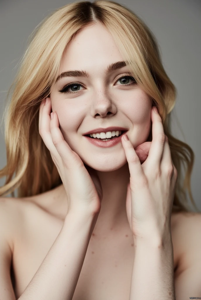 A close up of a topless woman with straight blonde hair, smiling, touching hair and face 