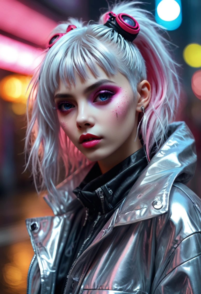 Lucy \(cyberpunk\), 1girl, teen girl, petite girl, young beautiful punk girl, hair scrunchie, hime cut, silver hair, colored tips, full moon, grey eyes, jacket, long sleeves, looking at viewer, medium hair, multicolored hair, parted bangs, parted lips, pink hair, portrait, red eyeliner, red lips, solo, underboobs, cyberpunk \(series\), rainy night in a cyberpunk city with glowing neon lights, jacket, perfect eyes, smokey eyes, smirking, blushing, freakless, full nude body, perfect nude women body, nude bottomless, shaved pussy, young pussy, soft pubic, detailed vagina, Abstract　modern art　whole body　Girl　watercolor　White background　Bright colors　Pencil drawing　Blur　high quality, nude, small bresat, flat breast, flat chested, soft pubic hair, naked flat , detailed very small , ultra detailed nude body, ((young girls pussy)), ((vagina perfect))