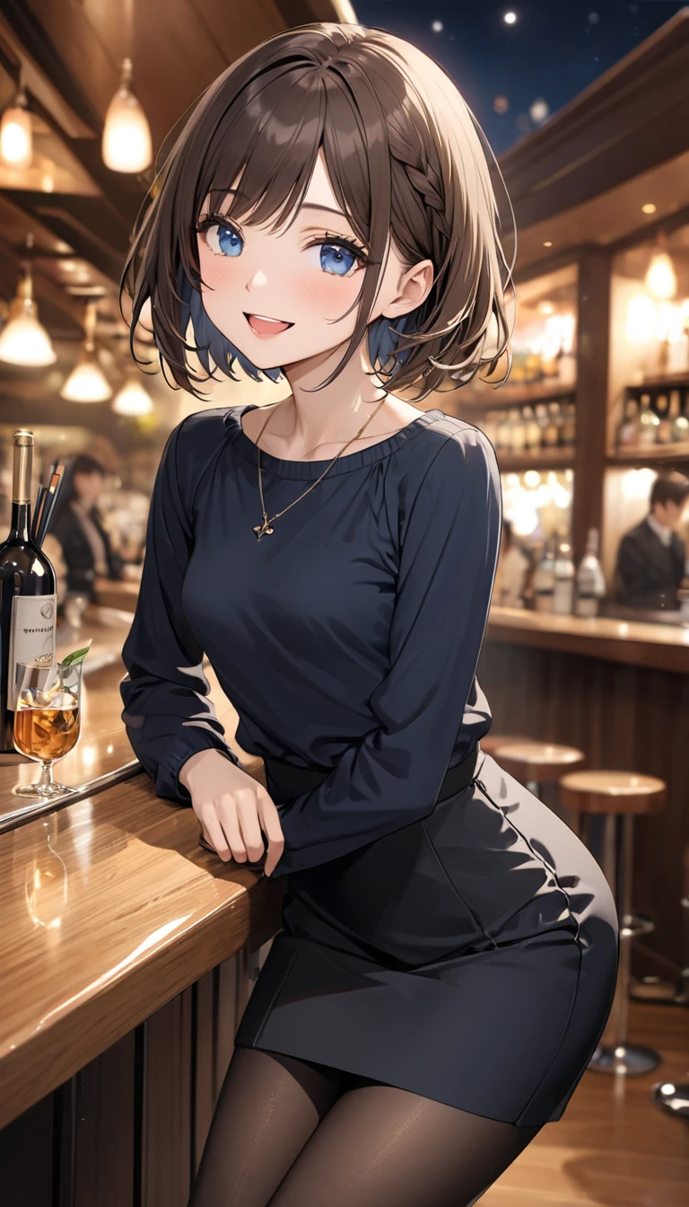 ((Highest quality)), ((masterpiece)), (detailed), ((small breasts))、finger to mouth, There are a lot of people at the outdoor rooftop beer garden.、A 20-year-old woman is smiling and drinking beer、There are many dishes on the table、She is casual((Short sleeve knit))Wearing、short sleeves、Beer garden light up、 her smile is shining、Medium Hair、((pink hair))、((Small breasts))、Deep blue eyes、Complex pupil、Intricate weaving, Night view、front、Perfect hands、finger to mouth、