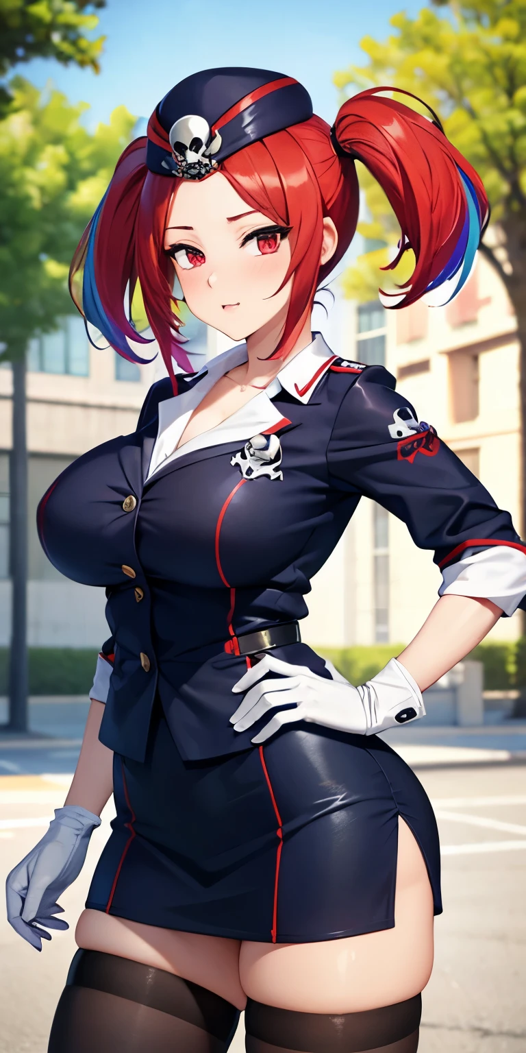 1 Female,High definition,high resolution,Ultra-realistic,8K, 1girl, solo, red hair, red eyes, twintails, employee uniform, pencil skirt, skull print, navy cap, fang, black legwear, white gloves, large breasts,European,sexy,Upper body close-up,Photographed from the front,Dynamic Angles,(blush), (medium tits) , multicolored hair 