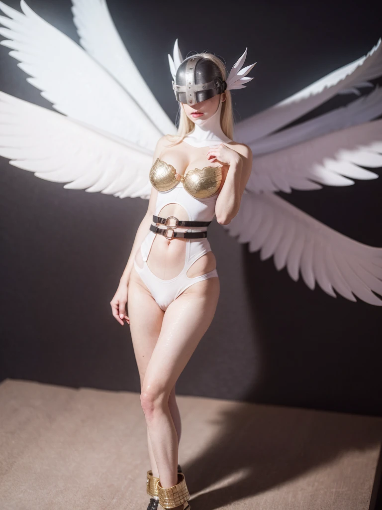 8K, Top Quality, Intricate Details, Ultra Detail, Ultra High Resolution, Masterpiece, Angewomon, winged helmet, helmet over eyes, helmet on, covered eyes,white multiple wings, white wings, pink hagoromo, single glove, strapless,white bodysuit, gold strapless bra, black belt, two belts, Slender, Smile, (Makeup: 0.4),  looking at viewer, ((full body)), 1girl, solo, 1 girl, close up shot, standing, ((tall)), (((fit body))), (((slim face))), sharp face, sharp eyes, ((golden hair, very long hair)), sharp face, small lips, detailed face, detailed breast, large breast, detail ass, big ass, round ass, Beautiful girl with accentuated slender abs: 1.4, Six Pack Abs: 1.4, Bust Botox, Big, Perfect Body, detail leg, ((in heaven)), 