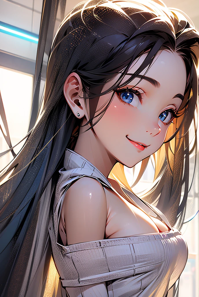 A stylish character, masterpiece, best quality, ultra-detailed, illustration, slim fit sexy girl is in classroom, blue eyes, shy smile, perfect small breast