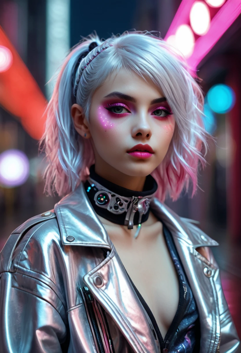 Lucy \(cyberpunk\), 1girl, teen girl, petite girl, young beautiful punk girl, hair scrunchie, hime cut, silver hair, colored tips, full moon, grey eyes, jacket, long sleeves, looking at viewer, medium hair, multicolored hair, parted bangs, parted lips, pink hair, portrait, red eyeliner, red lips, solo, underboobs, cyberpunk \(series\), rainy night in a cyberpunk city with glowing neon lights, jacket, perfect eyes, smokey eyes, smirking, blushing, freakless, full nude body, perfect nude women body, nude bottomless, shaved pussy, young pussy, soft pubic, detailed vagina, ,　high quality, nude, small bresat, flat breast, flat chested, soft pubic hair, naked flat , detailed very small , ultra detailed nude body, ((young girls pussy)), ((vagina perfect))